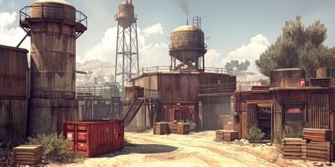 A gritty construction site with rusty water towers and metal buildings