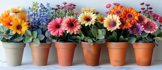 Artificial flowers in pots on a white background as a backdrop