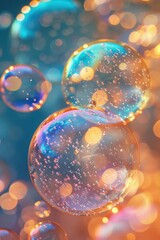 Vibrant close-up of colorful floating bubbles with sparkling reflections and bokeh background, creating a magical, whimsical atmosphere.