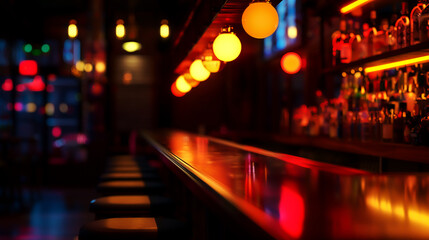 Dimly lit bar counter with vibrant lights and a cozy atmosphere, perfect for nightlife scenes and socializing settings. high quality.