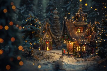 Fototapeta premium Captivating illuminated fairytale village covered in snow at twilight, perfect for festive backgrounds