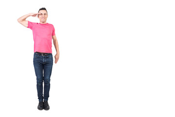 Positive man making salute gesture. White background