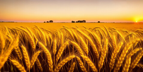 Ears of yellow wheat field against the backdrop of a golden sunset. Wheat field landscapes under bright sunlight. Rich harvest concept.