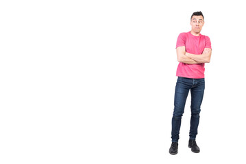 Surprised man with crossed arms. White background