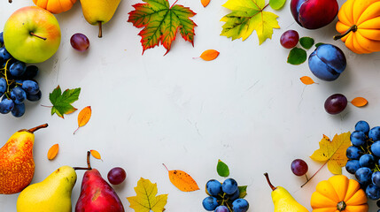 Autumn leaves, grapes, pears, and plums arranged in a frame on a light gray background, top view, perfect for a banner with copy space. Autumn harvest, Thanksgiving concept.