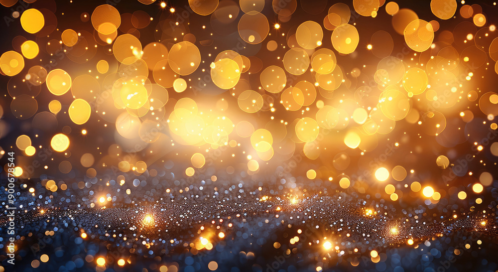 Poster Blurred background of white and gold lights for wedding or festive greeting card design. Abstract bokeh background with soft focus on the light. Background design. Generative AI.