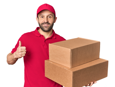 Hispanic male courier with boxes smiling and raising thumb up