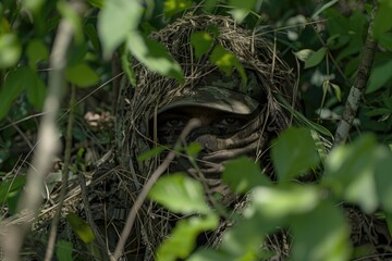 Naklejka premium Camouflaged Soldier in Dense Forest, Eyes Peering Through Concealment