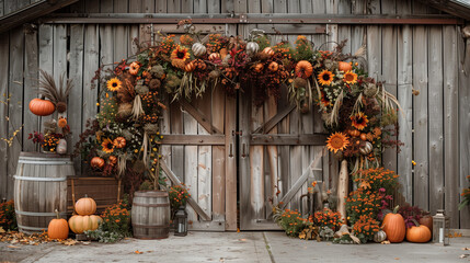 A rustic barn entrance decorated with autumn-themed flowers, pumpkins, and barrels.