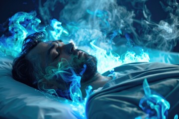 Fototapeta premium Man Sleeping in Blue Fire Flames - Dreamy Surreal Concept with Smoke and Light Effects