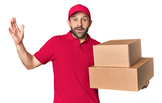 Hispanic male courier with boxes receiving a pleasant surprise, excited and raising hands.