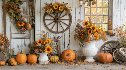 A rustic porch decorated for autumn with pumpkins, sunflowers, a wagon wheel, and floral arrangements.