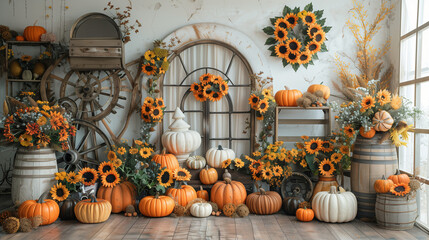 Obraz premium A rustic autumn display featuring pumpkins, sunflowers, barrels, and a variety of decorative elements in a cozy, vintage setting.