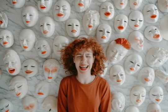 Laughing Woman with Red Curly Hair Surrounded by Facial Masks on Marble Wall