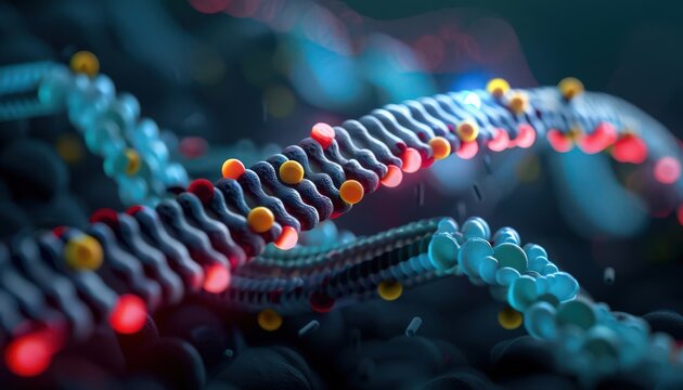 Stunning depiction of molecular structures showcasing vibrant atoms and intricate details of a DNA strand in various colors. - Powered by Adobe