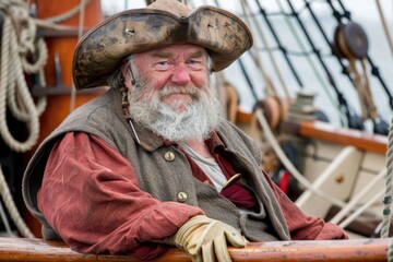 Happy Elderly Sailor in Historic Pirate Costume on Vintage Sailboat Deck