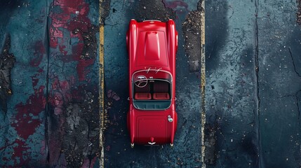 A red classic convertible car viewed from above, parked on a textured surface.