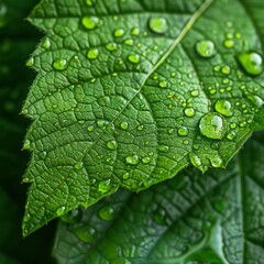 Fototapeta premium A close-up of a green leaf with water droplets under sunlight, highlighting the intricate patterns and fresh appearance of the foliage