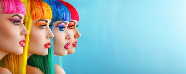Obraz premium Colorful Fashion Portrait of Four Women with Vibrant Multicolored Hair and Makeup