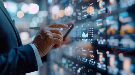 Data Driven Decisions: A businessman analyzes intricate data visualizations on a digital display, his confident hand holding a stylus, symbolizing the power of data in modern business.
