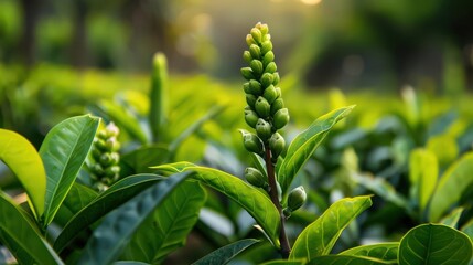 Obraz premium Close-up of tea plant buds surrounded by lush green leaves in a serene garden setting, highlighting nature's beauty.