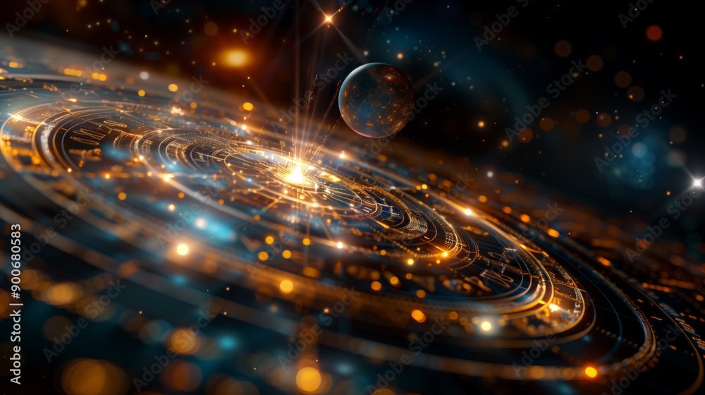 Wall mural cosmic clockwork: a celestial mechanism of golden gears and celestial bodies intertwines, evoking th
