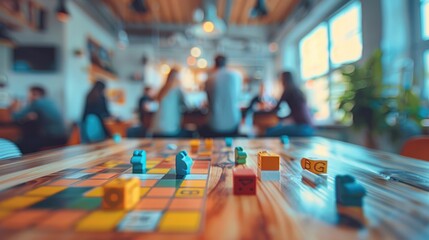 Defocused image of a corporate team building event, with people engaged in various activities, such as playing games or solving puzzles. Generative AI.
