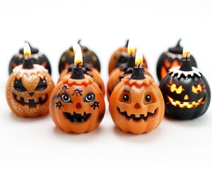 Colorful Halloween candles shaped like pumpkins with various spooky designs for festive decoration and celebrations.