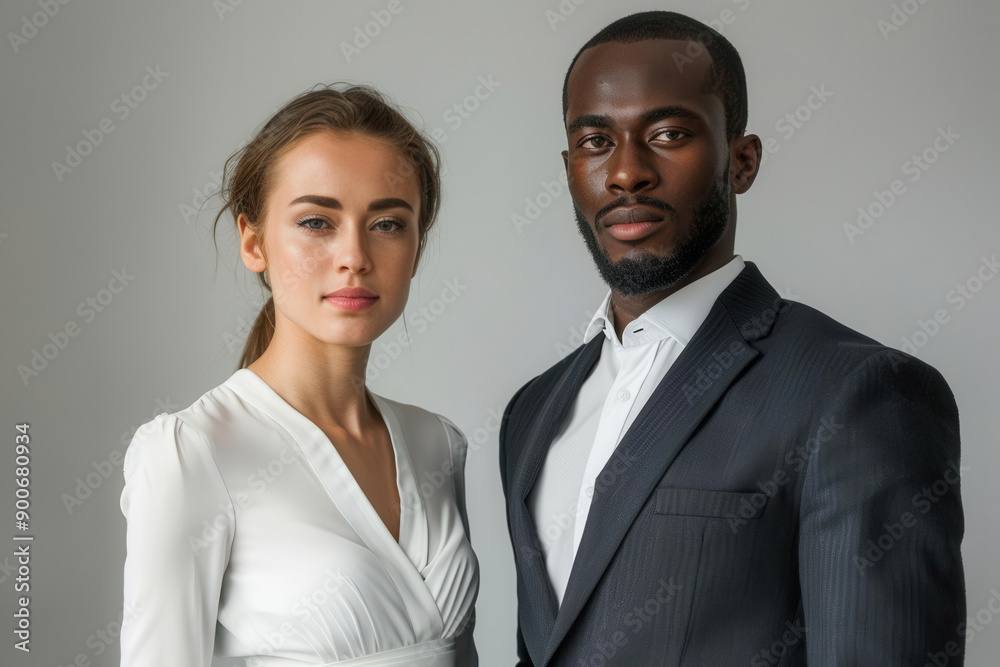 Wall mural high resolution studio photo of 2 people of businessmen and businesswomen standing against light gre