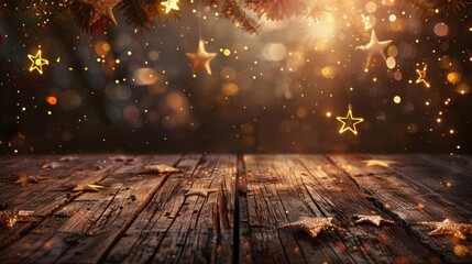 A magical scene of shimmering stars and warm light falling over a rustic wooden table, perfect for festive celebrations.
