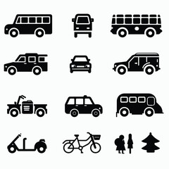 set of transport icons, Transport icon set. Containing car, bike, plane, train, bicycle, motorbike, bus and scooter icons. Solid icon collection.