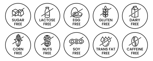 Naklejka premium Set allergen free icons. Allergen free products. Products warning symbols. Lactose, gluten, sugar, corn, egg, trans fat, soy, nuts free, coffeine sign.