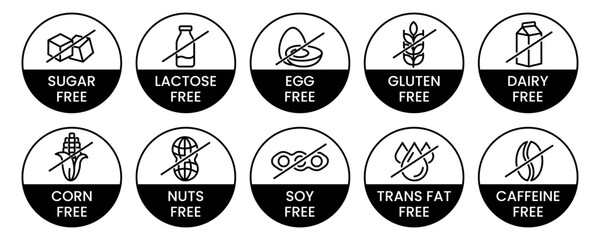 Set allergen free icons. Allergen free products. Products warning symbols. Lactose, gluten, sugar, corn, egg, trans fat, soy, nuts free, coffeine sign.