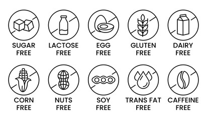 Set allergen free icons. Allergen free products. Products warning symbols. Lactose, gluten, sugar, corn, egg, trans fat, soy, nuts free, coffeine sign.