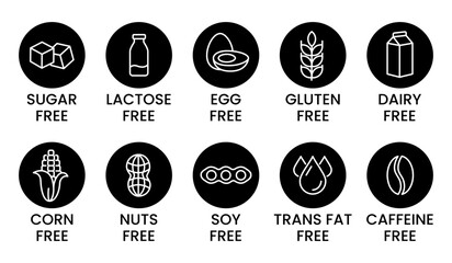Set allergen free icons. Allergen free products. Products warning symbols. Lactose, gluten, sugar, corn, egg, trans fat, soy, nuts free, coffeine sign.