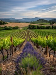 Fototapeta premium Vineyard Vista: Rows of lush grapevines stretch towards rolling hills, a lavender-lined path guiding the eye through this picturesque French vineyard. 