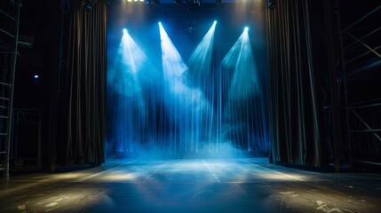 Stage with curtains drawn and spotlight hitting center of curtains at a wide angle light and bright.