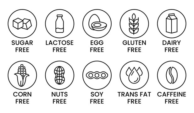 Set allergen free icons. Allergen free products. Products warning symbols. Lactose, gluten, sugar, corn, egg, trans fat, soy, nuts free, coffeine sign.
