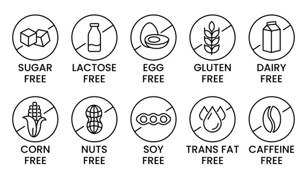 Set allergen free icons. Allergen free products. Products warning symbols. Lactose, gluten, sugar, corn, egg, trans fat, soy, nuts free, coffeine sign.