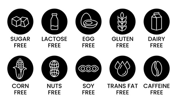 Set allergen free icons. Allergen free products. Products warning symbols. Lactose, gluten, sugar, corn, egg, trans fat, soy, nuts free, coffeine sign.