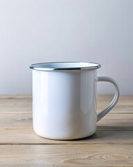 Blank enamel camping mug pod mockup design on wooden surface