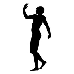 Standing Ancient Greek youth with raised hand. Greeting gesture. Antique athlete boy. Black silhouette on white background.