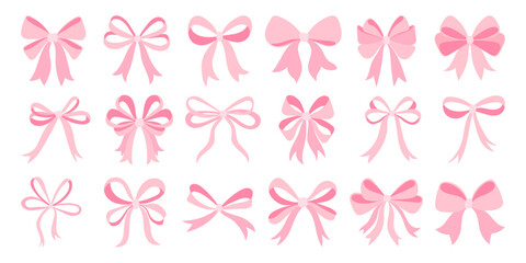 A set of pink bows are shown in various positions and orientations. The bows are all different sizes and shapes, but they all have a similar pink color. Scene is playful and whimsical
