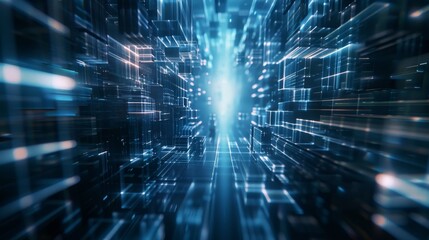 Abstract digital tunnel with glowing lines, depicting a futuristic data stream or cyberspace.