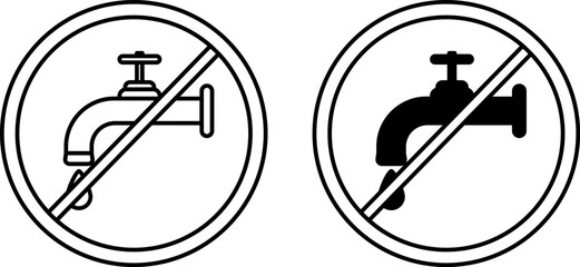 Icons No Water. Black and White Vector Icons. Water Drop Tap. Environmental Problem. Climate Change Concept
