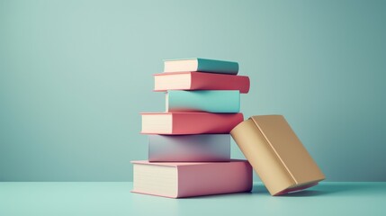 A stack of colorful books on a table against a blue wall