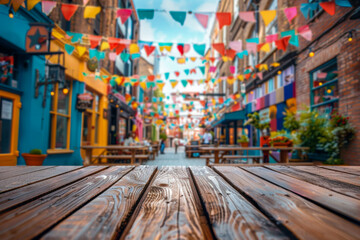 A colorful street scene with vibrant flags hanging across, wooden tables, and buildings in various shades, creating a festive and lively atmosphere.