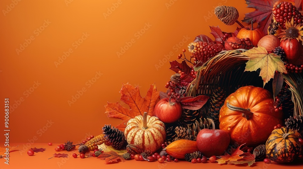 Poster a festive abstract depiction of thanksgiving with autumn leaves and a cornucopia against a warm oran