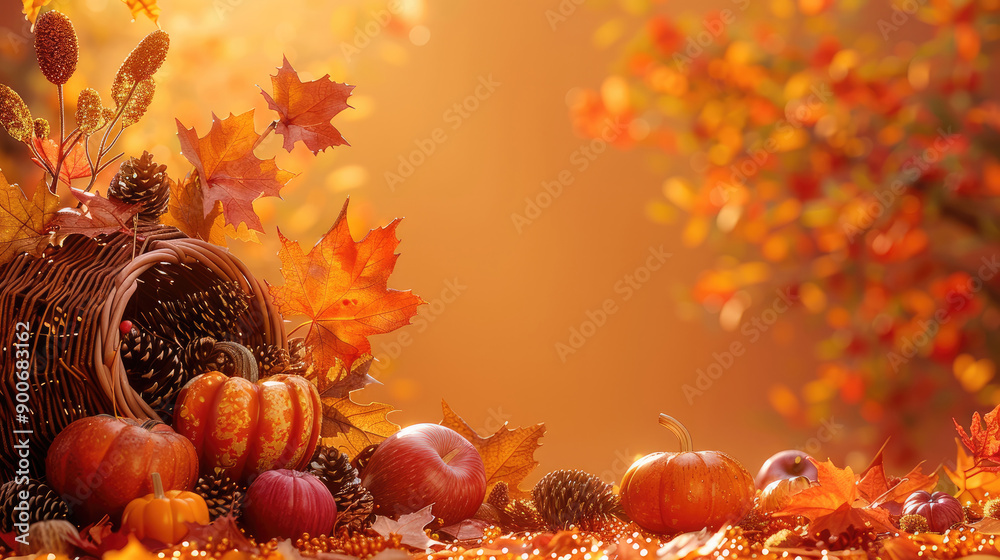 Poster a festive abstract depiction of thanksgiving with autumn leaves and a cornucopia against a warm oran