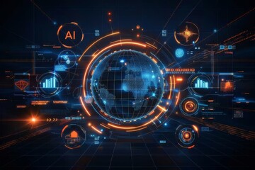 Fototapeta premium High tech AI interface with futuristic digital globe and technological elements in a dark blue cyber background